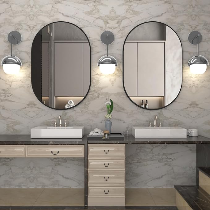 2 Piece Oval Bathroom Mirror Capsule Wall Vanity Mirror, 20"x30" Pill Mirrors Wall Mounted Mirror, Large Modern Mirror with Black Metal Frame, Decor for Entryway, Bedroom, Living Room