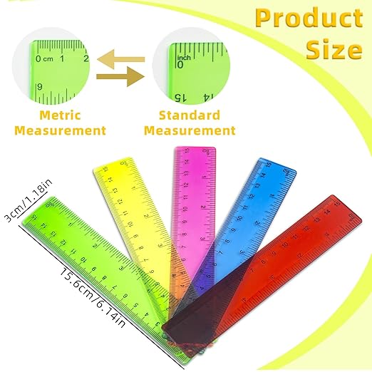 50Pcs 6 Inch Rulers with Inches and Centimeters in Bulk，Plastic Ruler in Assorted Colors, Clear Ruler, Transparent Rulers Bulk for Students Back to School Office Supplies(50Pcs)