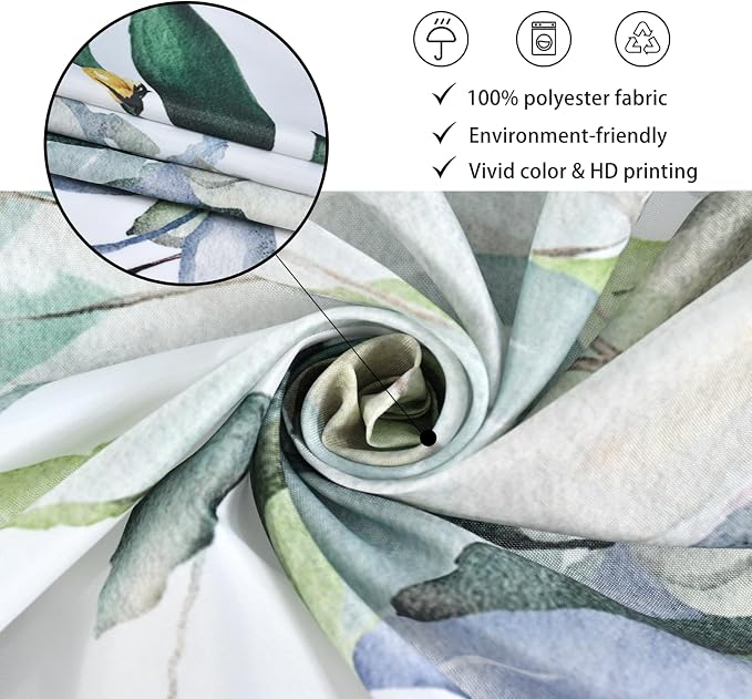 Sage Green Eucalyptus Extra Long Shower Curtain, Watercolor Leaves Plant Spring Floral Waterproof Fabric Machine Washable with Hooks for Bathroom Bathtub Decor 72Wx78H