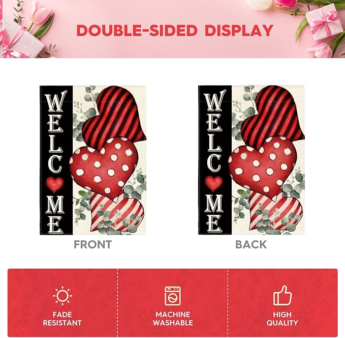 AVOIN colorlife Valentines Day Welcome Garden Flag 12x18 Inch Outside Double Sided, Anniversary Love Heart Rustic Yard Outdoor Decoration