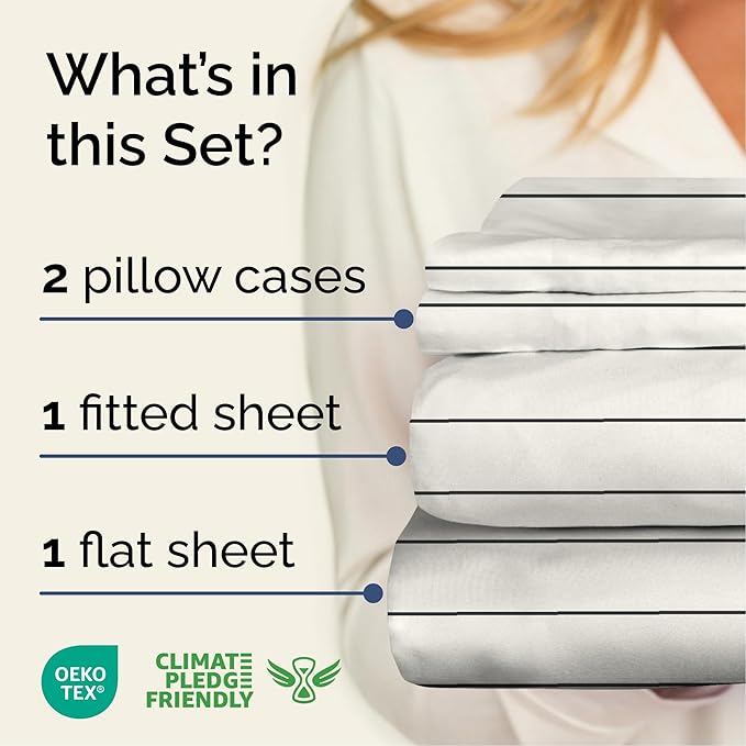 Striped Sheets - Beige & White Striped Sheets - 1 Flat & 1 Fitted & 2 Pillowcases w/ Deep Pockets – Wrinkle & Fade Free - Soft, Breathable and Cooling – Luxury Pinstripe Bedding - Full Size Bed Set