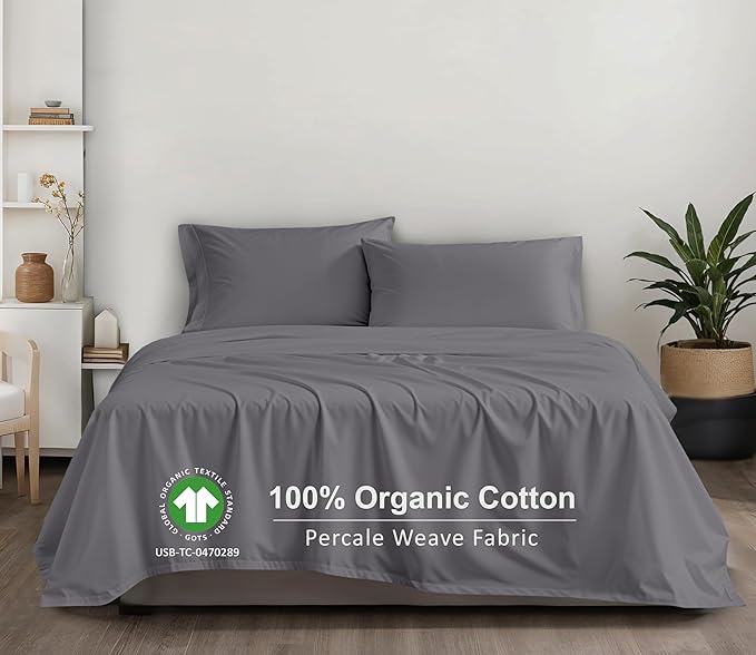 RUVANTI 100% Organic Cotton Sheets Full Size, Percale Weave, GOTS Certified, 4-Piece Set, Deep Pocket 15", Crisp & Breathable, Soft Durable Bedding, Sábanas Algodón Orgánico – Silver Filigree