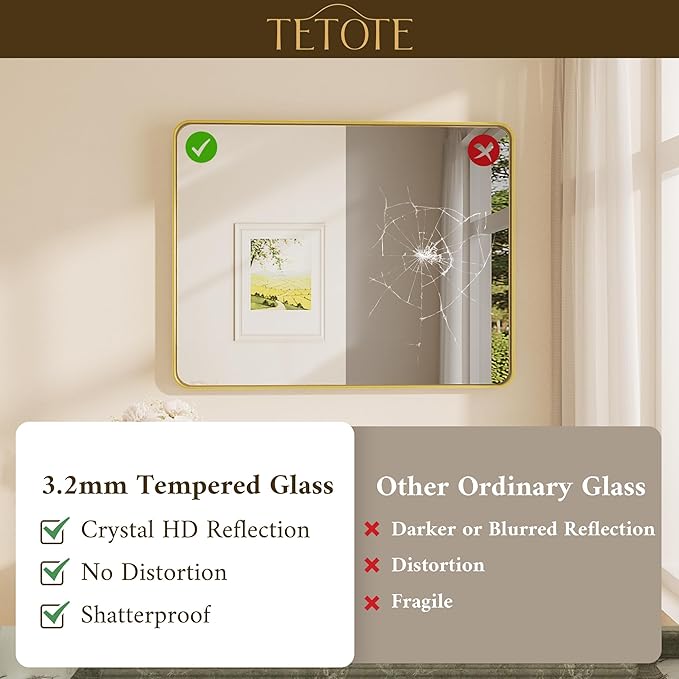 TETOTE 60 x 40 Inch Brushed Gold Frame Mirror, Brass Bathroom Vanity Mirror for Wall, Modern Rectangle Round Corner Matte Framed Mirror (Horizontal/Vertical)