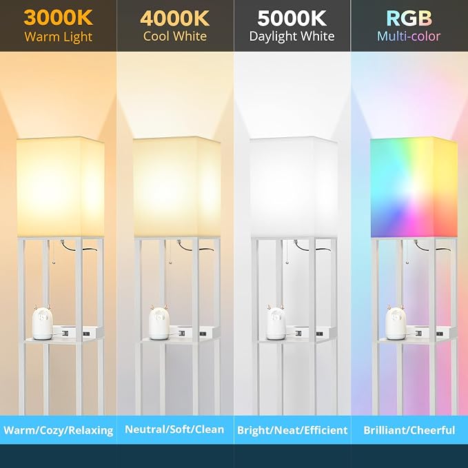 Mlambert Modern Shelf Floor Lamp with Wireless Charger & Fast Charging USB Ports & Type C Port & 2 Power Outlets,3 Tier Storage Lamp for Bedroom,White