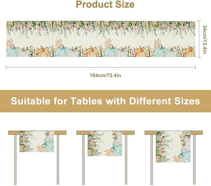 Fall Table Runner Blue Pumpkin Colorful Eucalyptus Leaves Thanksgiving Orange Green Watercolor Illustration Decor for Farmhouse Indoor Outdoor Party Holiday Dining Kitchen Restaurant Cafe W13xL60in