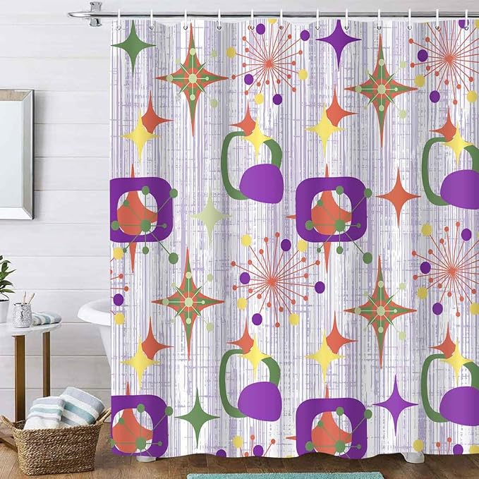 Mid Century Shower Curtain, 72x72inch, Modern Abstract Retro Purple Striped Geometric Shower Curtain Sets 1950s Boho Bathroom Shower Curtain with 12 Hooks