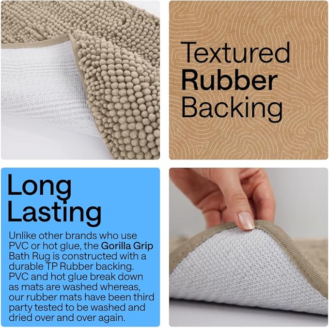 GORILLA GRIP Bath Rug Mat 54x24, Thick Absorbent Chenille, Quick Dry Microfiber Mats, Rubber Backing Washable Shower Floor Rugs, Bathmat Runner, US Designed Bathroom Home Decor Accessories Gray Beige