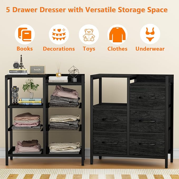 Furnulem 5 Drawer Black Dressers for Bedroom 2 Tier Shelf Storage Small Fabric Dresser for Closet Sturdy Metal Frame Modern Style Storage Cabinets Organization Units for Hallway Rooms