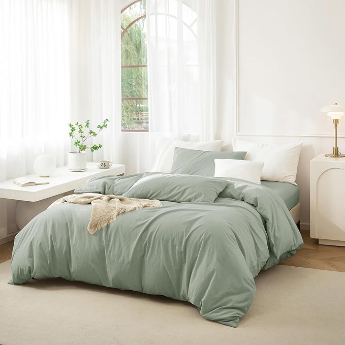JIYUAN 100% Washed Cotton Duvet Cover Set 3 PCS Oversized King, 1 Duvet Cover 120"x98" (Comforter Not Included) and 2 Pillowcases,Linen Feel Bedding Set Comfy and Breathable, Heathered Sage Green