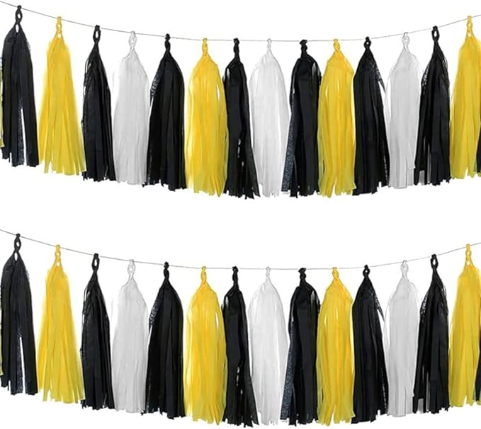 We Moment Black Yellow and White Tissue Paper Tassels Party Tassel Garland Banner for Party Decorations, DIY Kits,15PCS