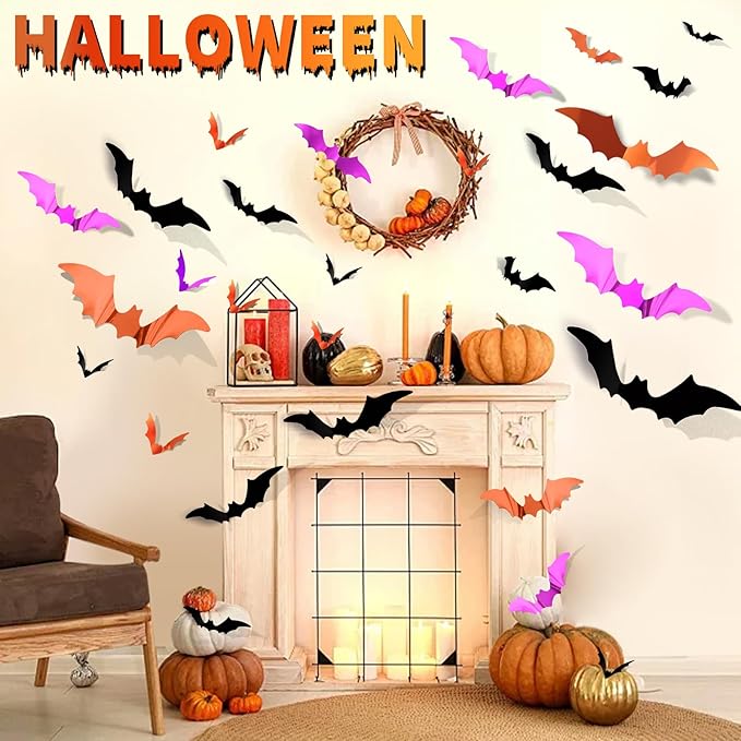FANDAMEI 140PCS Halloween Bats Wall Decor, Bats Decoration, 5 Sizes 3 Colors Bat Decor Party, 3D Bat Wall Decor for Halloween Indoor Outdoor. Sticky Bats Home, Bat Stickers for Window(140PCS)