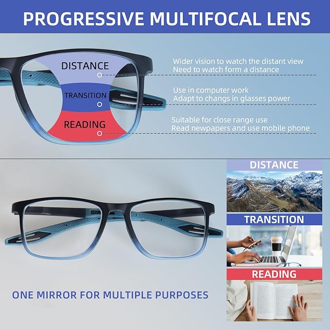 BLOEXCLU 4 Pack Progressive Multifocus Reading Glasses for Men Women TR90 Sports Style Anti-Blue Light Computer Readers