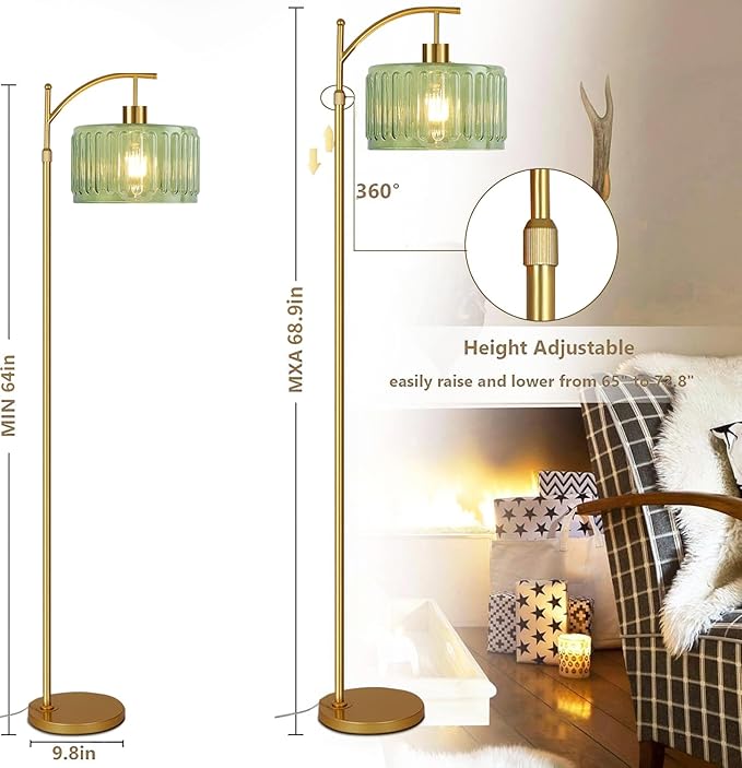 QIYIZM Glass Floor Lamp for Living Room,Bedroom,Gold Dimmable Standing Lamp with Remote,Mid Century Modern Brass Tall Lamp Boho Vintage Retro Floor Lamps Arc Green Flower Floor Light Lamp Bohemian