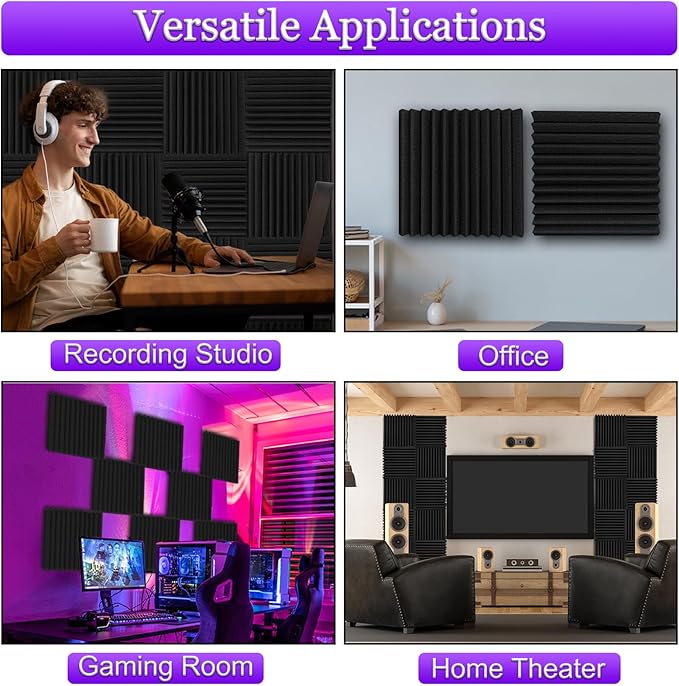 TroyStudio Thick Acoustic Foam Panels, 12 X 12 X 3 Inch 12 Pcs Broadband Sound Absorbing Foam, Dense Soundproof Padding Tile, Recording Studio Foam Absorber, Wedges Decorative 3D Wall Ceiling Panel