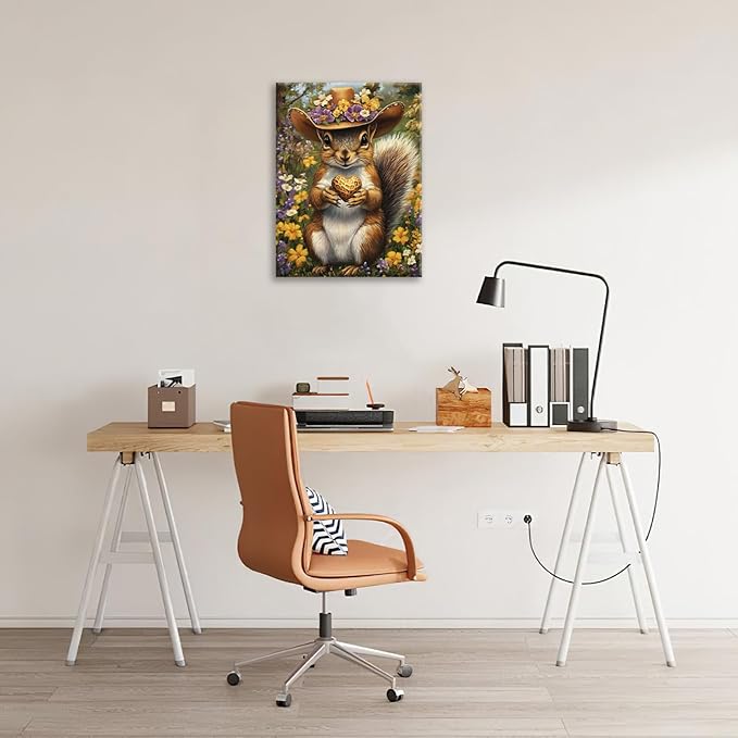 Western Squirrel Wall Art, Squirrel Peanut Pictures Wall Decor, Country Rustic Animal Canvas Prints, Forest Flower Painting, Framed Artwork for Bathroom Living Room Bedroom Dining Room 24"X16"