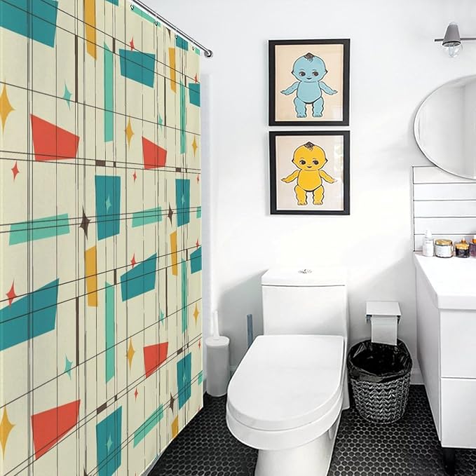 Geometric Shower Curtain for Bathroom, Pastel Mid Century Modern Abstract Geo Print Patterned Retro Style Teal Turquoise Waterproof Fabric Shower Curtain Set with Hooks, 72"x72" Inch