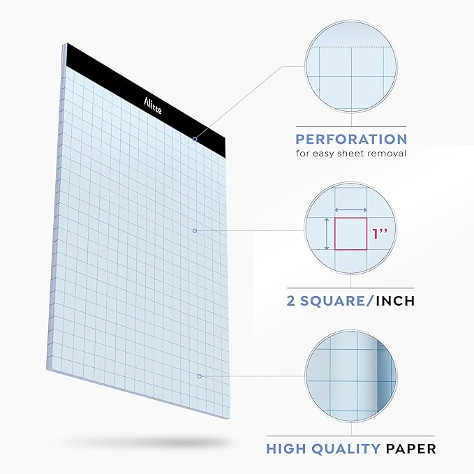 Alitte Graph Paper Pad, Pack of 12, White Letter Size - 2x2 Quad Grid Paper, Easy-Tear Perforations, 8.5 x 11 Cardboard Backing - Graph Notepads for School, Office -50 Sheets per Pad