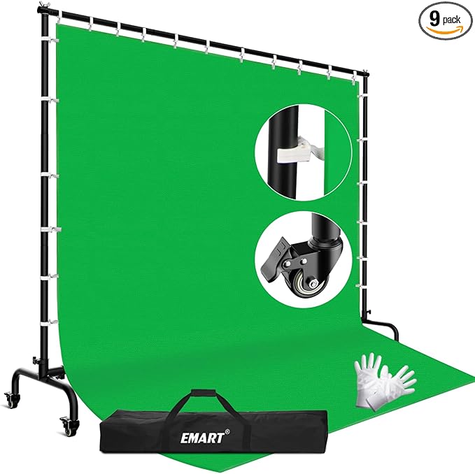 EMART 7x10ft Green Screen Backdrop Kit with Movable Stand, Large 9.5x9.5ft Photography Greenscreen Background Adjustable Frame with Wheels for Photo Shoot, Live Streaming, Video Recording