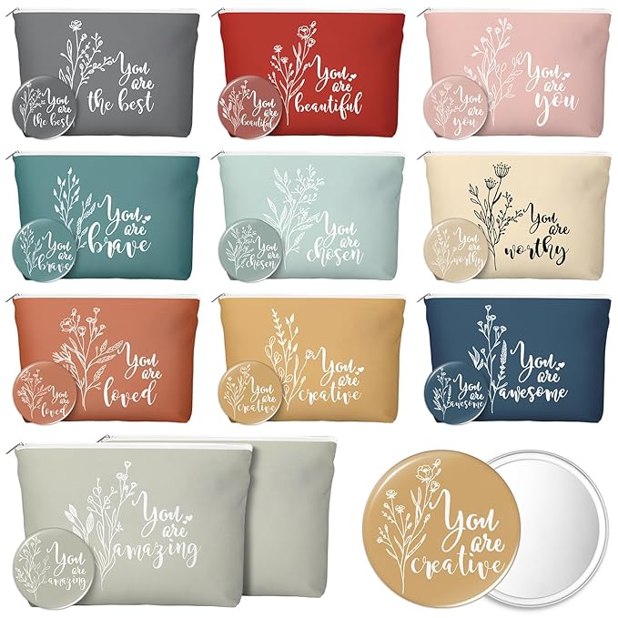 60 Pcs Employee Appreciation Gifts For Women Inspirational Canvas Makeup Bags Portable Compact Mirror Bulk Cosmetic Bags Thank You Gifts for Social Worker Coworkers (Botanical,Vintage)