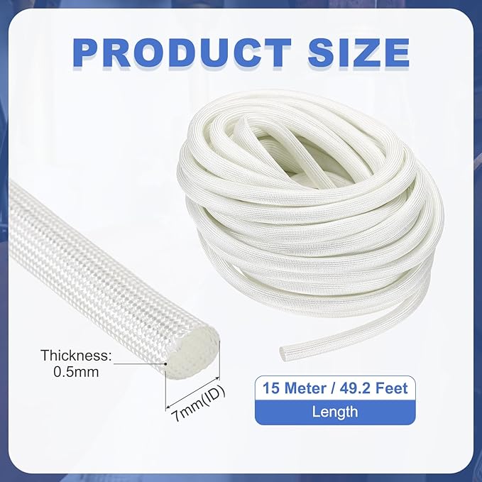uxcell Insulation Cable Protector,7mm/0.28 Inch-15m/49 Feet High Temp Fiberglass Sleeve White