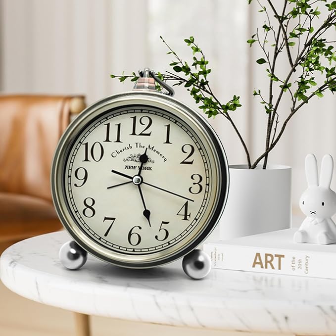 Oxmidud 5'' Retro Vintage Metal Desk Alarm Clock - Non-Ticking Silent Analog Table Clocks - Battery Operated Quartz Clock for Bedside Desk Table Bedrooms Living Room Home Office Decor