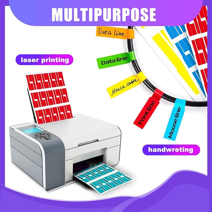 600 PCS Cable Labels - 12 Color Wire Tags for Laser Printing & Handwriting, Waterproof Tear-Resistant Cord Organizers, Strong Adhesive for IT, Office & Industrial Use