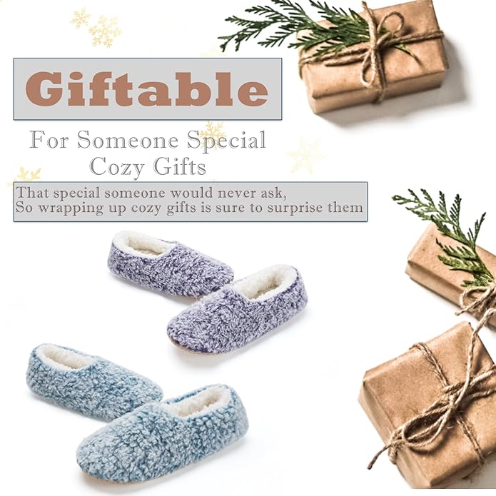 Cozylook 2-Pair Women's Soft Sole Slipper Socks with Grippers, Thick Warm Cozy Sherpa Lined Home Socks Set, Cable Knitted Non-slip Fluffy Winter House Bedroom Slippers