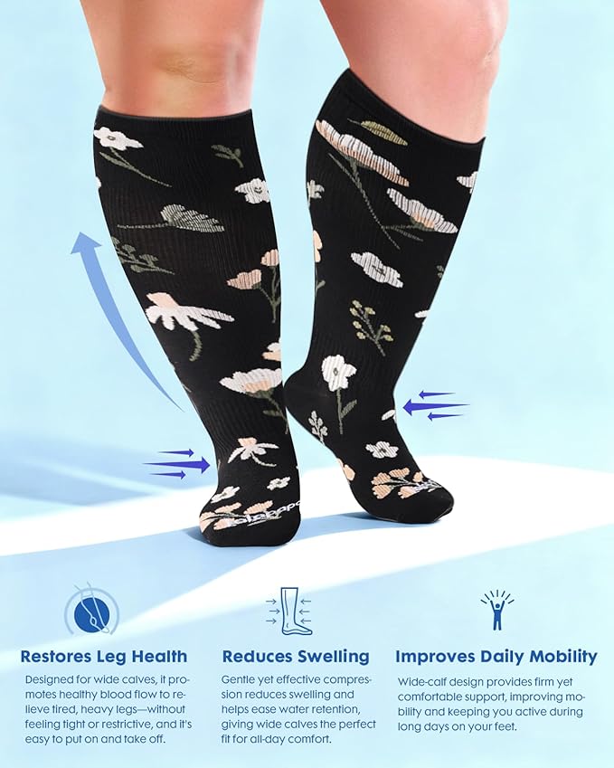 Wide Calf Compression Socks for Women - 3-Pair Plus Size 20-30mmHg Ankle Support Easy on off Socks for Travel Nurse