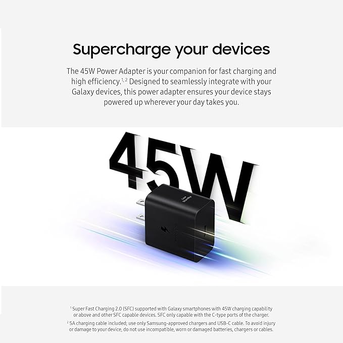 Samsung 45W Wall Charger Power Adapter, Cable Not Included, Super Fast Charging for Galaxy Phones, Tablets and USB Type C Devices, Low Standby Power Consumption, EP-T4511NWEGUS, White