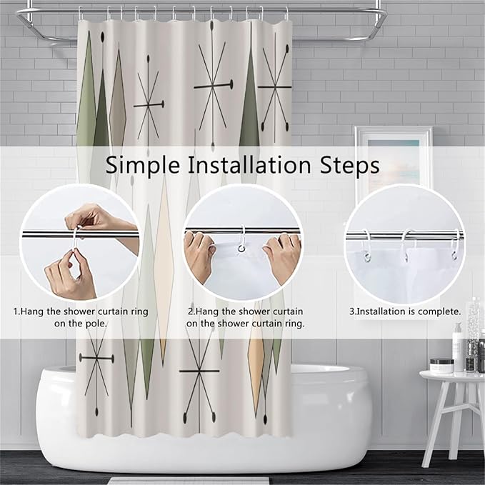 Boho Mid Century Shower Curtain Vintage Abstract Green Diamond Geometric Atomic Starburst Pattern for 1950s Retro Bathroom Decor Accessories Shower Curtain Set with 12 Hooks, 72x84 Inches