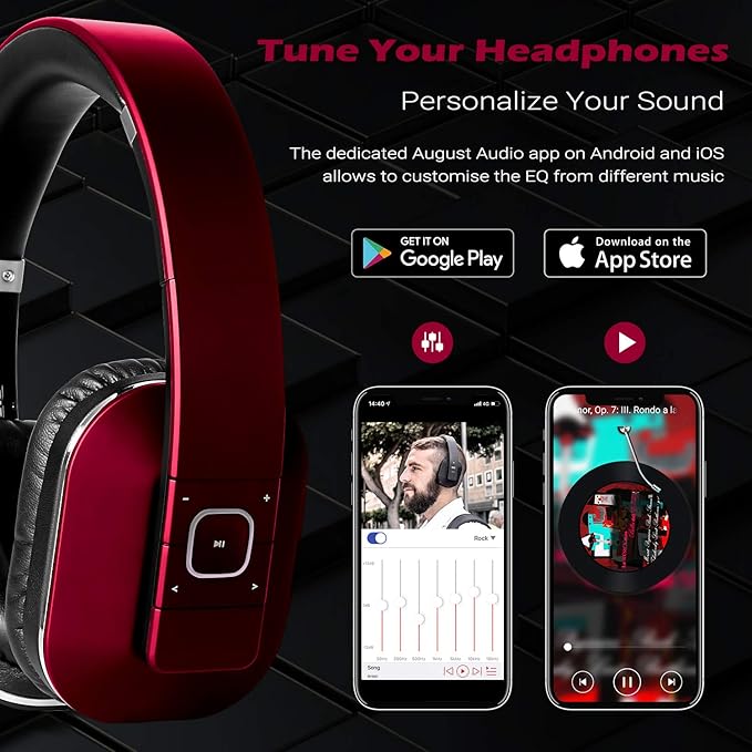 August EP650 Bluetooth Wireless Over-Ear Headphones with aptX Low Latency, NFC, Multipoint Pairing, Wired Option, Built-in Microphone - Red