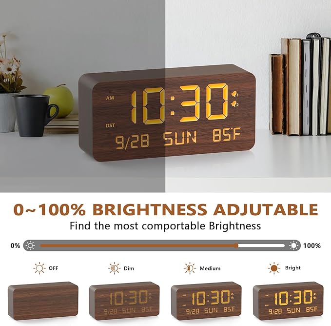 Fomobest Wooden Digital Alarm Clock for Bedroom - Desk Clock with Date, Day of Week, Temperature, Dual Alarms, Dimmer, USB Port Charge, DST, Adjustable Volume for Living Room/Office Wood Decor (Brown)
