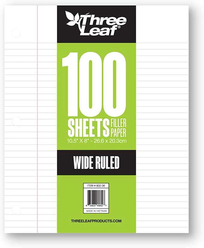 Three Leaf 100 Sheets Wide Ruled Filler Paper, 2880 Ct. (80 Cases X 36 Filler Paper), Loose-Leaf Sheets For School And Office 100 Ct. Filler Paper, Notebook Paper