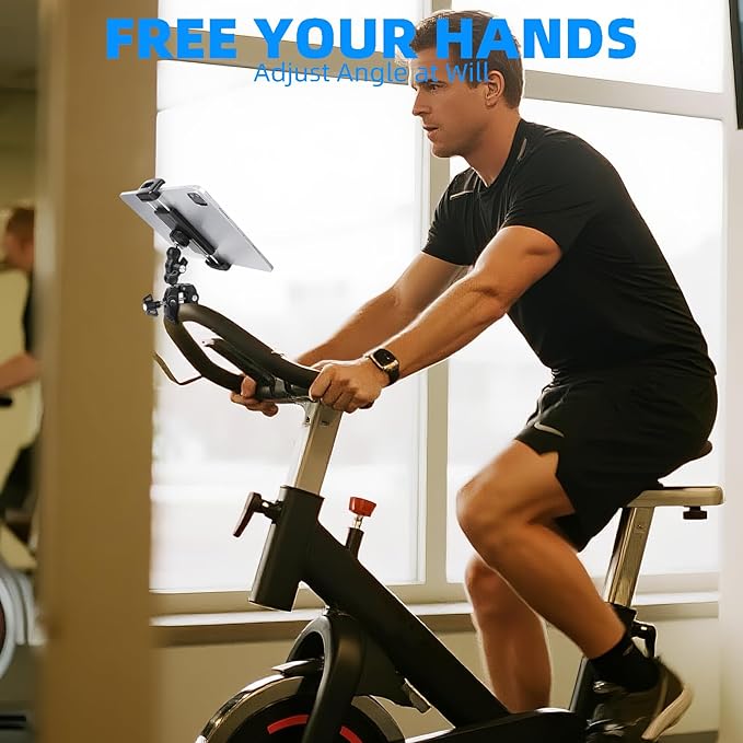 FPN Tablet Holder for Microphone Stand/Treadmill/Spin Bike/Stroller/Golf Cart/Handlebar/Stationary Bike, Phone iPad Holder Mount for iPad Pro 12.9, Galaxy Tabs, iPhone(4.7-13”)