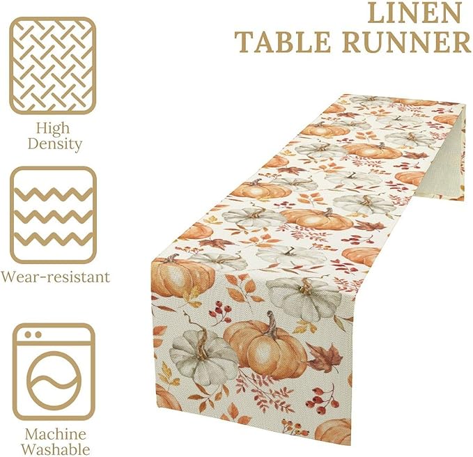 Pumpkin Table Runner Fall Orange White Colorful Leaves Berries Thanksgiving Watercolor Illustration Rustic Decor for Farmhouse Indoor Outdoor Party Holiday Dining Kitchen Restaurant Cafe W13xL108in