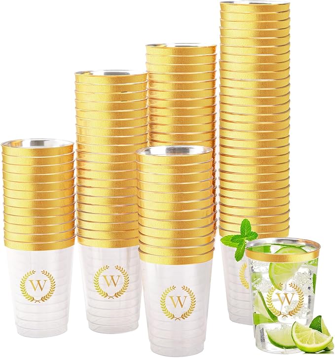 100 Pieces Monogrammed Plastic Cups Gold Foil Letter W Disposable Cups 12 oz Clear Initial Party Cups for Wedding Birthday Baby Shower Personalized Party Drinkware