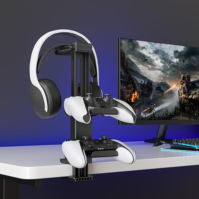 Controller Holder & Headphone Stand Under Desk with Adjustable Clamp, Controller Stand & Headset hanger for Desk Mount with 360° Rotating Hook & Cable Organizer 3-in-1 Game Organizer, PC Game Headsets