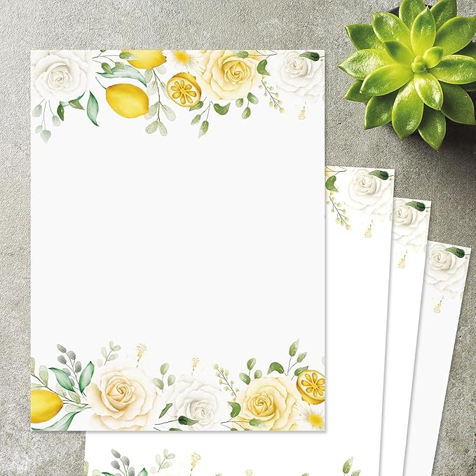 Current Lemon Floral Letter Paper - Spring Stationery Papers With Decorative Flowers and Lemon Border, Printable Holiday, Wedding & Bridal Shower, & Invitation Sheets, Set of 25, 8 1/2" x 11"