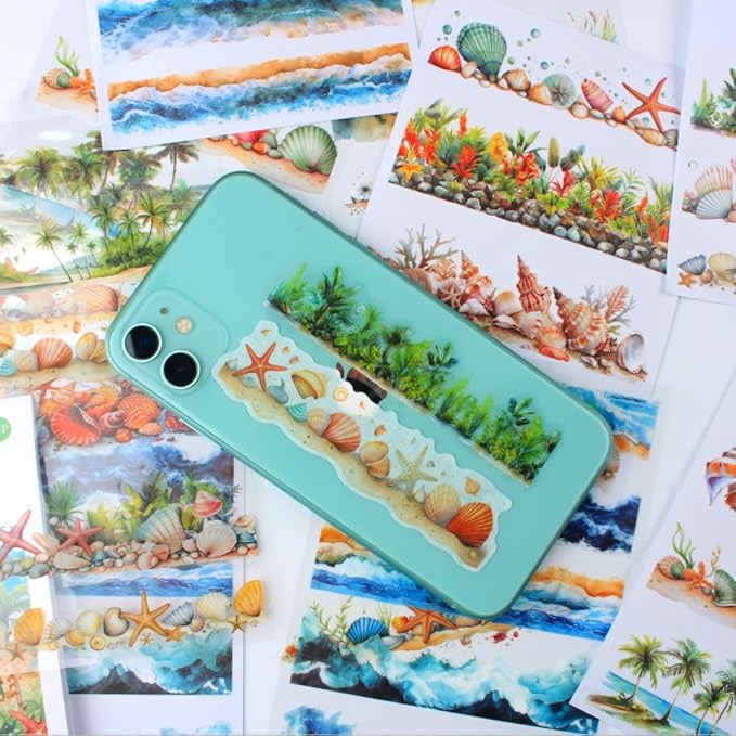 20 Sheets Seaside Landscape Pre-Cut Journaling Stickers Book for Junk Journaling, Scrapbooking, Collage, Planner, Album, Transparent PET and Washi Stickers for Adults