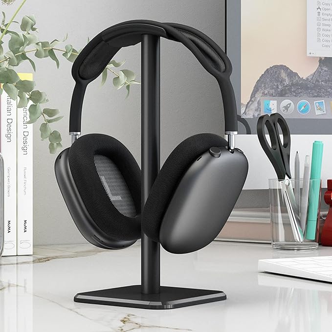 Headphone Stand, Rounded Corner Headset Holder, Anti Slip Base, TPU Tray, Aluminum Supporting Bar Headset Holder for Home Gaming Office (Black)