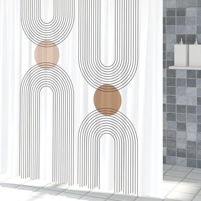 Mid Century Shower Curtain for Bathroom, Boho Sun Rainbow Modern Minimalist Geometric Shower Curtain, Abstract Arch Lines Modern Aesthetic Bathroom Decor Curtain Sets 48x72 inch