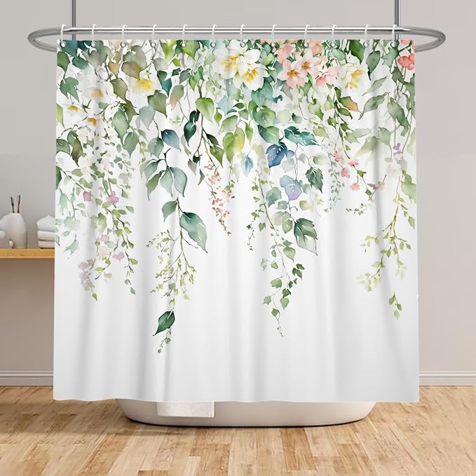 Sage Green Eucalyptus Shower Curtain Watercolor Botanical Floral Leaves Shower Curtain Set Spring Nature Bathroom Decor with 12 Hooks,72x108 Inches