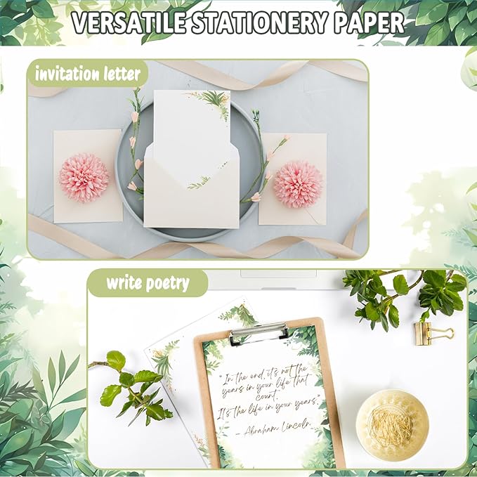 Tlenpo Greenery Theme Stationery Letter, 8.5 x 11 Inches, 80 Double-Sided, Pretty Printer Paper, Decorative Paper for Wedding, DIY Drawing, Thank Greeting Stationery Supplies, 100 gsm, 8.5 x 11 Inches