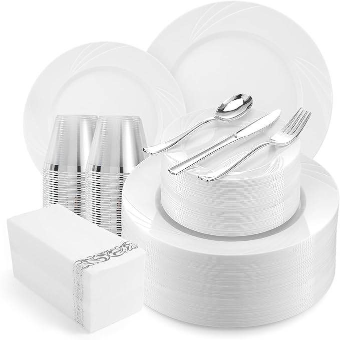 700-Piece White Swirls Plastic Dinnerware Set for 100 Guests, Elegant Disposable Dinnerware for Party, Wedding. Includes 10.25" Dinner Plates, 6.5" Dessert Plates, Silverware, Napkins, Cups