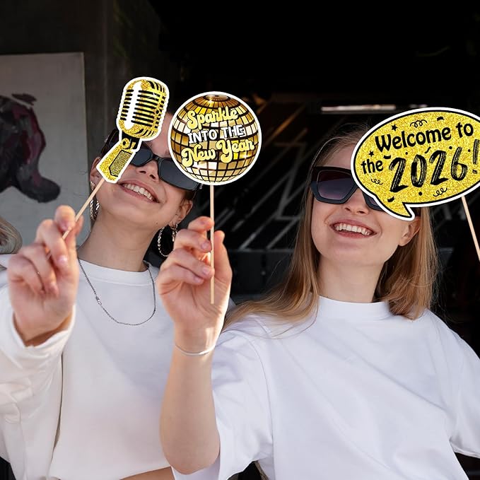 2026 Happy New Years Photo Booth Props, Black Gold New Years Eve Photo Props for 2026 New Year Eve Party Favor Supplies Decorations (24Pcs)