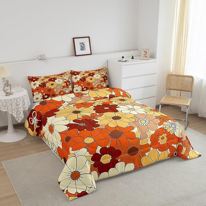 Castle Fairy Bohemian Flowers Bedding Comforters Queen Size,70s Vintage Floral Comforter Set with 2 Pillowcases,Hippie Retro Groovy Botanical 3pcs Children Adult Duvet Set,Soft