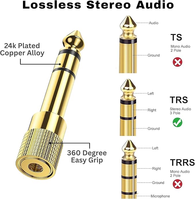 MASTERLINK 1/8” (1/4 inch) Male to 3.5mm (1/8 inch) Female Stereo Audio Jack Adapter for Aux Cable, Guitar Amplifier, Headphone, 2 Pack