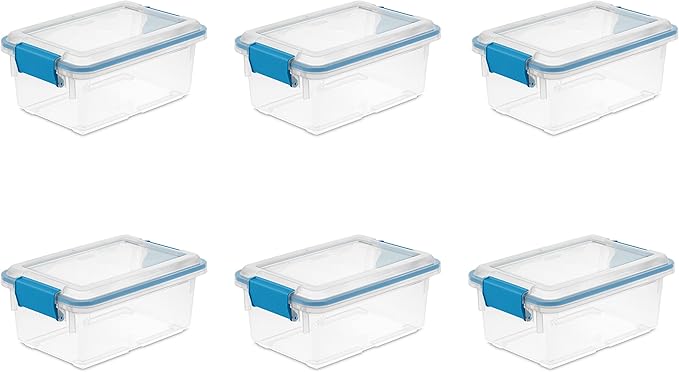 Sterilite 7.5 Qt Gasket Box, Stackable Storage Bin with Latching Lid and Tight Seal, Plastic Container to Organize Basement, Clear Base, Lid, 6-Pack
