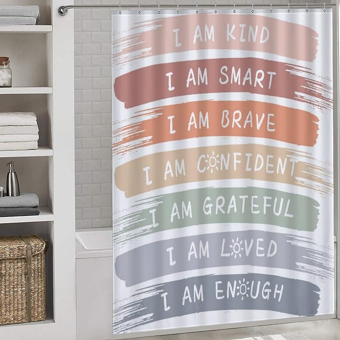 Boho Rainbow Shower Curtain, Cute Inspirational Motivational Quotes Cartoon Rainbow Colorful Pastel for Kids Girls Baby Waterproof Fabric Bathroom Shower Curtain Set with Hooks,72"x72" Inch