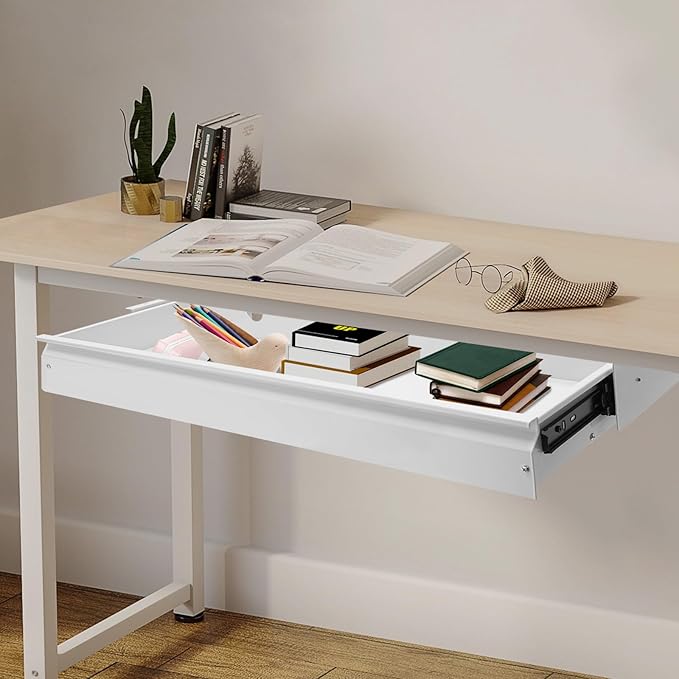 LEYSRIS 33.3" Under Desk Storage Drawer, White Sliding Pull-Out Drawer for Sit Stand Workstation